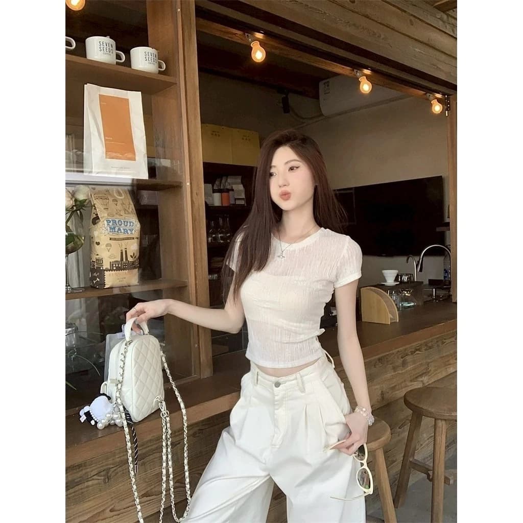 เสื้อยืดครอปสั้น คอกลม  ผ้าถัก  เสื้อยืดผู้หญิงสไตล์เกาหลี - รูปที่ 2