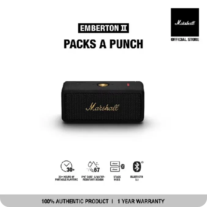 Marshall ลำโพงบลูทูธพกพา รุ่น Emberton II กำลังขับ 20W ระบบเสียง True Stereophonic กันน้ำ IP67