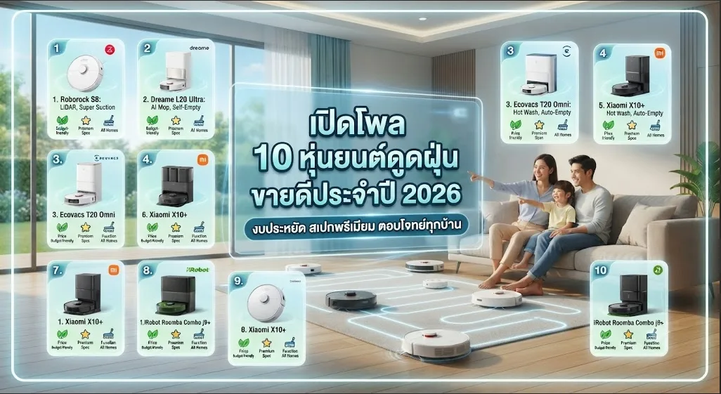 เปิดโพล 10 หุ่นยนต์ดูดฝุ่น ขายดีประจำปี 2026 งบประหยัด สเปกพรีเมียม ตอบโจทย์ทุกบ้าน
