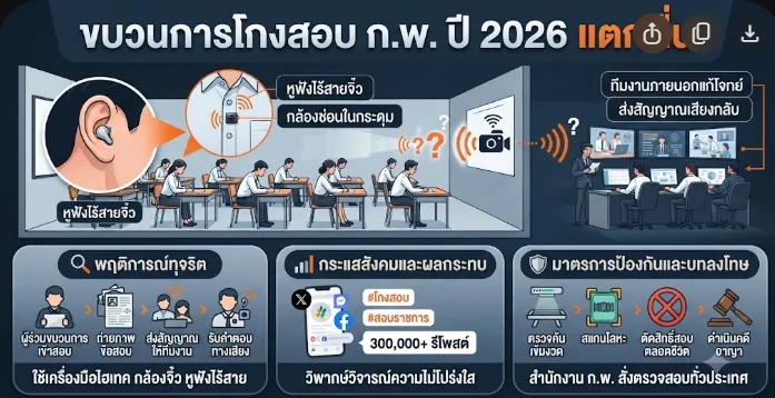 แฉขบวนการโกงสอบแข่งขันข้าราชการปี 2026 ล้ำยุคใช้ไฮเทคซ่อนอุปกรณ์จิ๋ว ส่งโพยข้อสอบเข้า-ออกสนามสอบอย่างแนบเนียน